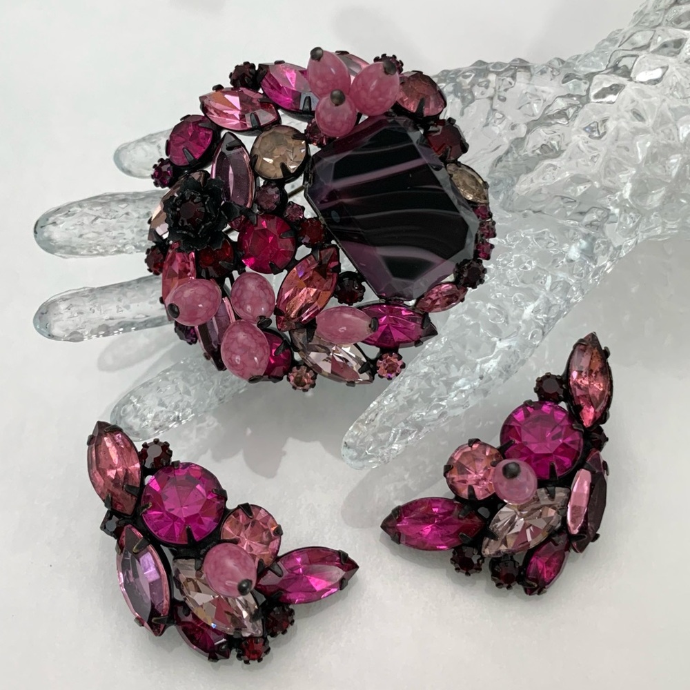 Vintage Alice Caviness Carnation Lozenge Givre Art Glass Brooch Clip Earrings